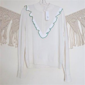 NWT Tory Burch Sport Luxe Cashmere Ruffle Half-Zip Ivory Pullover Size M